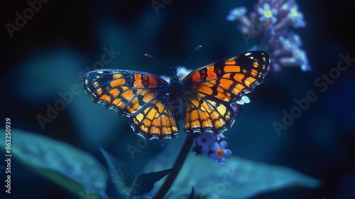 Photo of a butterfly shot direction from the front pose resting on a flower time of day early morning National Geographic film type Fuji Velvia 50 with a softbox to diffuse light © fahad