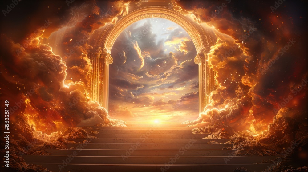 Obraz premium A majestic stairway leads to an ethereal gateway, bathed in glowing light, with clouds parting to reveal a radiant sky, evoking a heavenly and divine atmosphere.