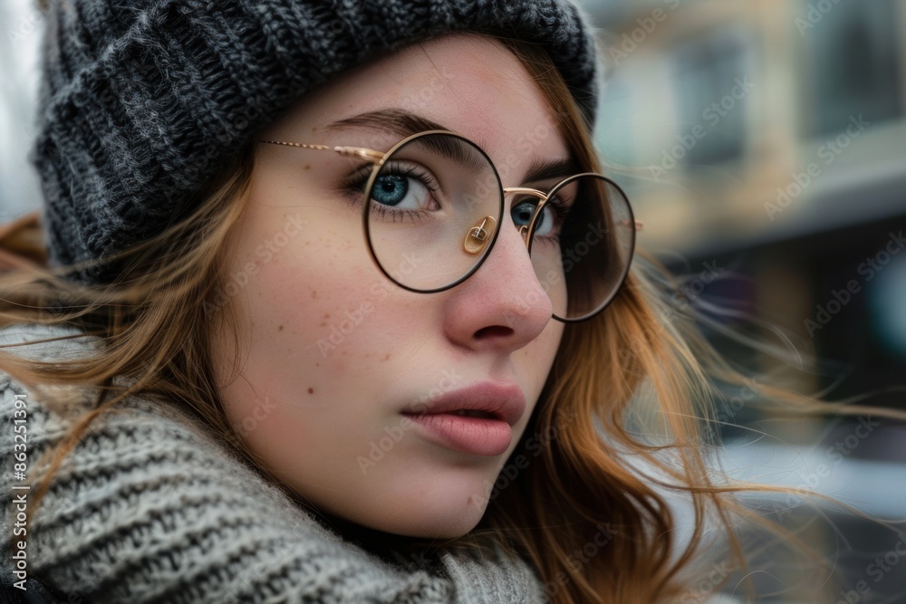 A woman in glasses and a hat looks into the distance against the backdrop of a city street. A woman in glasses and a hat looks into the distance against the backdrop of a city street.