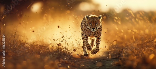 Photo of a cheetah shot direction from the front pose sprinting time of day midday