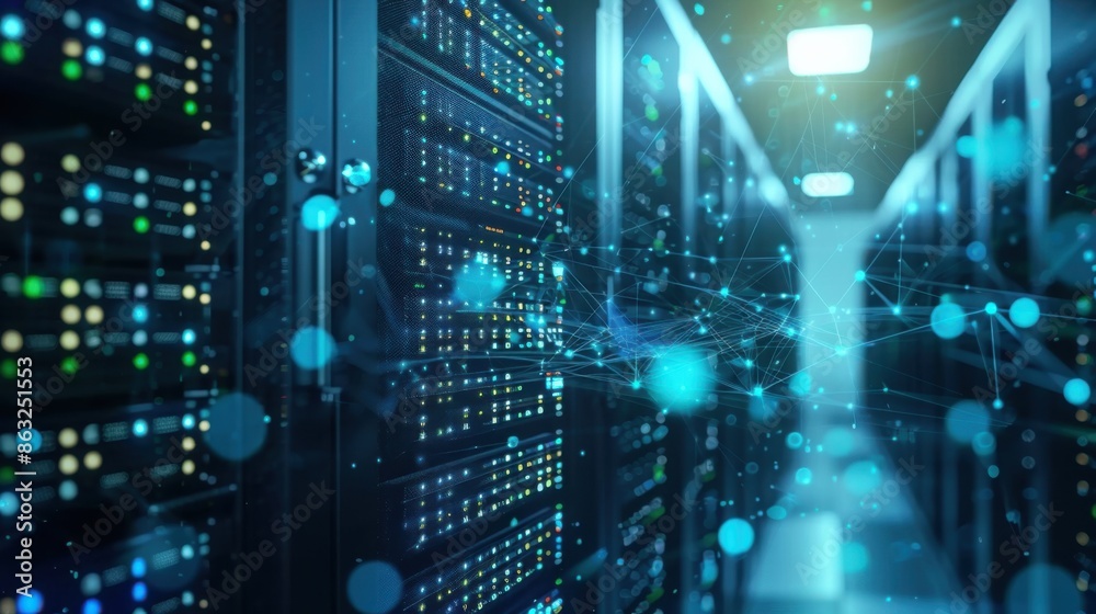 The image depicts a modern data server center. Several server racks with blinking lights are aligned along a corridor, with digital connections visualized as blue glowing lines. The image depicts a modern data server center. Several server racks with blinking lights are aligned along a corridor, with digital connections visualized as blue glowing lines.