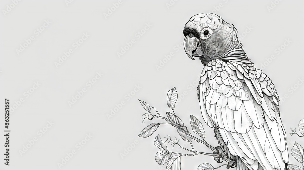 Obraz premium A B&W illustration of a parrot on a tree branch with leaves behind it