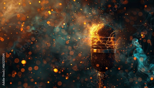 A vintage microphone engulfed in flames and sparks, with a cosmic background.  The image symbolizes passion, energy, and the power of music.