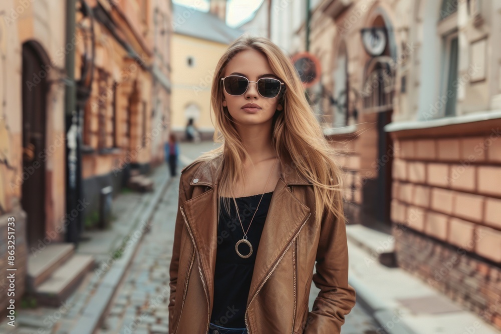 A young woman with long blond hair and wearing sunglasses poses on a brick street. A young woman with long blond hair and wearing sunglasses poses on a brick street.
