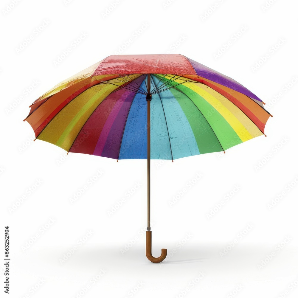 Umbrella open and displayed, featuring a traditional wooden handle, offering both style and protection, isolated on a white background Umbrella open and displayed, featuring a traditional wooden handle, offering both style and protection, isolated on a white background