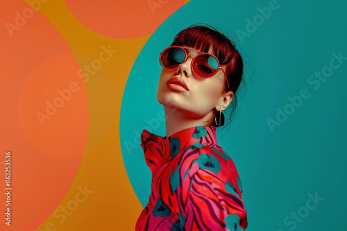 A woman wearing sunglasses and a colorful shirt, posing against a vibrant orange and blue background.