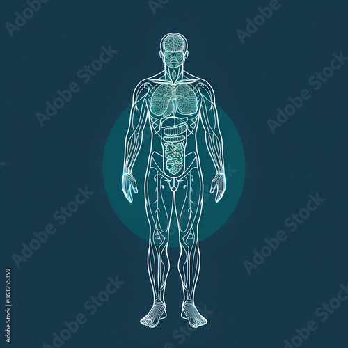 Neon Line Art of Human Body Anatomy on Dark Background