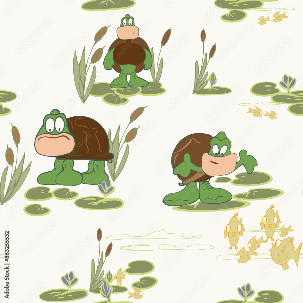 Obraz premium Cartoon Stylized Turtles and Fish on Lily Pond Seamless Repeat Pattern Illustration