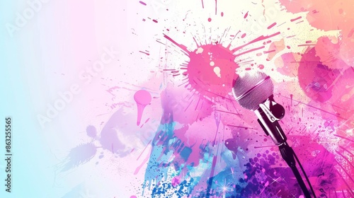 Abstract background with colorful paint splatters and a microphone in the center.