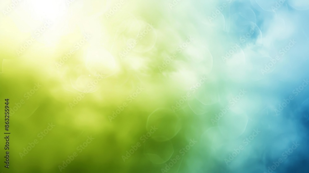 Fototapeta premium Abstract background with green and blue clouds, a bright light shines through the clouds.