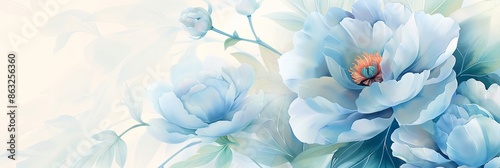 Elegant pastel blue peonies with lush green leaves on a light background, creating a delicate floral composition