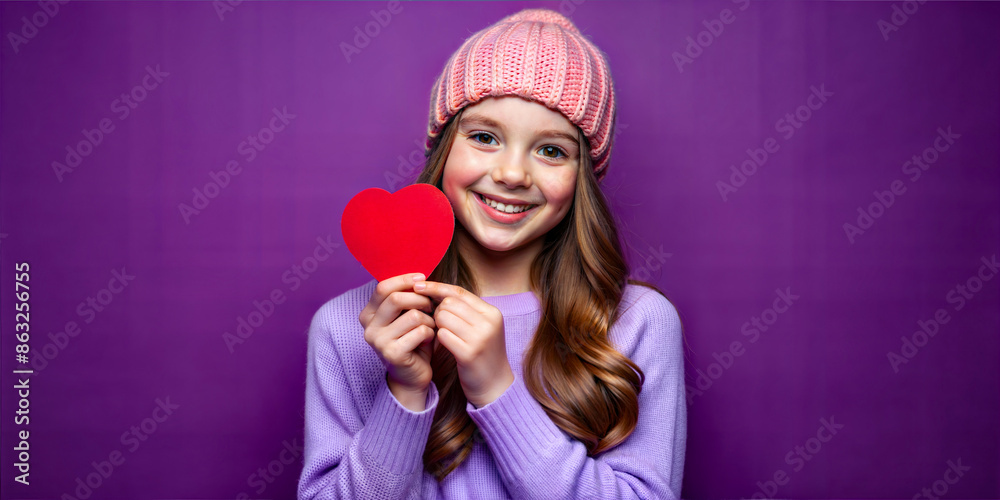 Smiling Girl Holding a Red Heart Cutout, Wearing a Pink Beanie and Purple Sweater Against a Purple Background