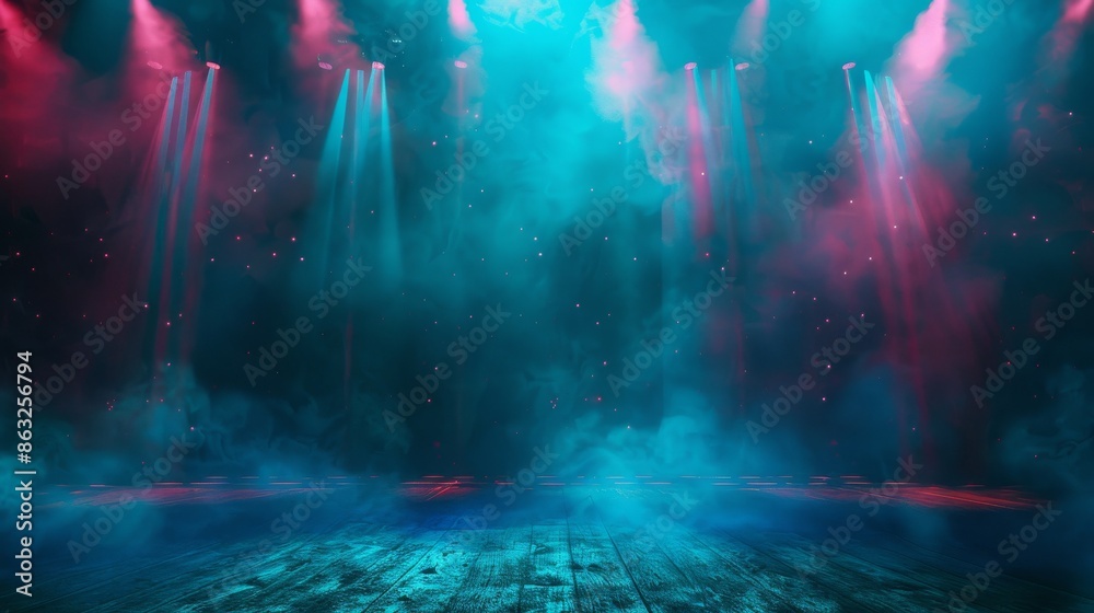 Fototapeta premium Abstract blue and pink stage with spotlights and smoke. Perfect for a dramatic and atmospheric backdrop.