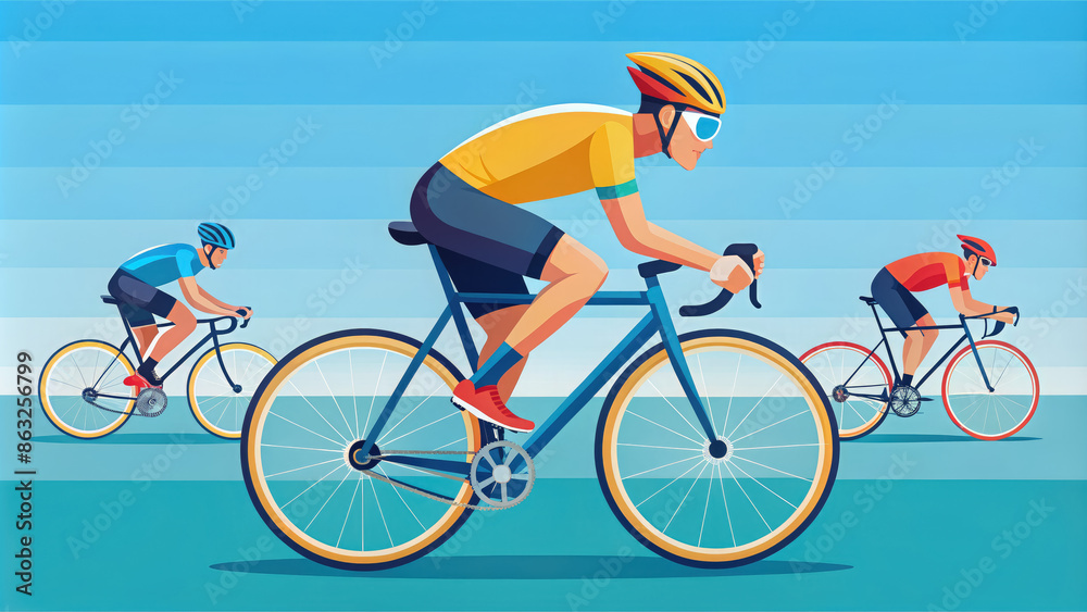 Fototapeta premium cyclist participates in a race, tournament, bicycle, competition, route, road, athletes, movement, speed, training, France, wheels, form, racer, biker, rider, man, track, ride, illustration, drawing