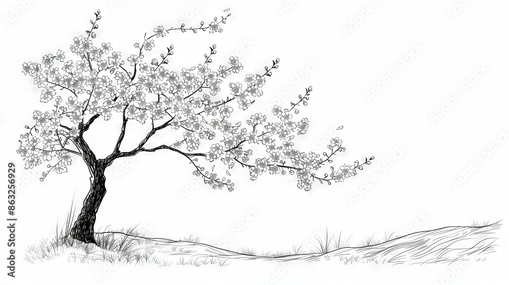 Fototapeta premium A monochromatic depiction of a tree adorned with white blooms in the foreground against a hilly backdrop