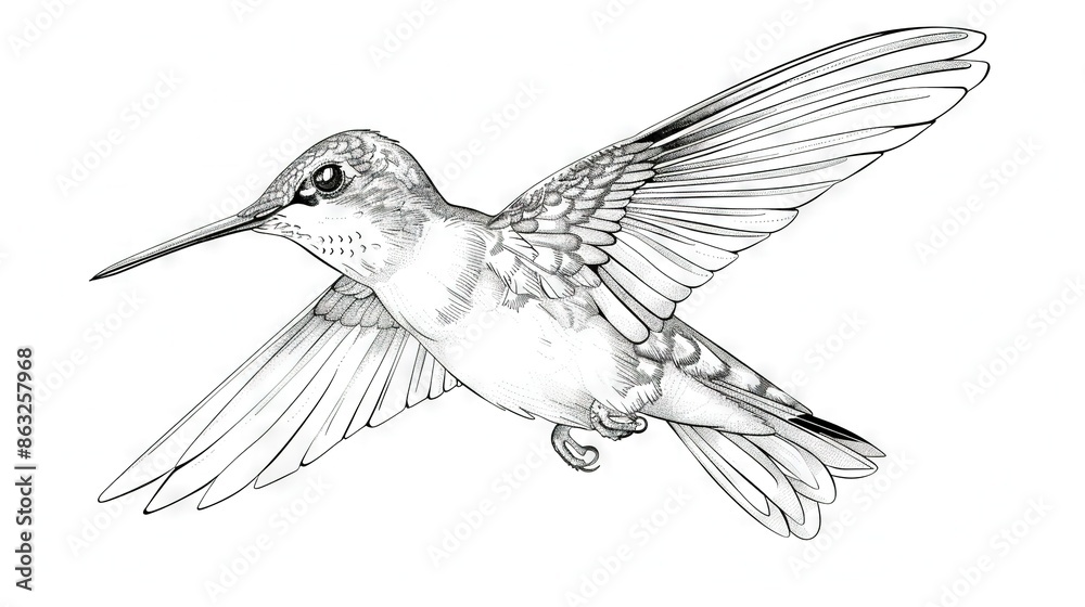 Obraz premium A black-and-white illustration of a hummingbird in flight with extended wings