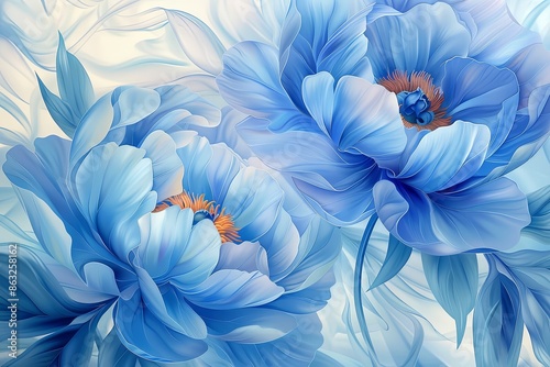 Fototapeta Naklejka Na Ścianę i Meble -  Beautiful blue peonies with delicate green leaves on a soft background