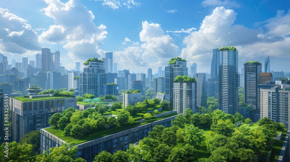 Fototapeta premium A cityscape where green roofs and urban forests mitigate the urban heat island effect.