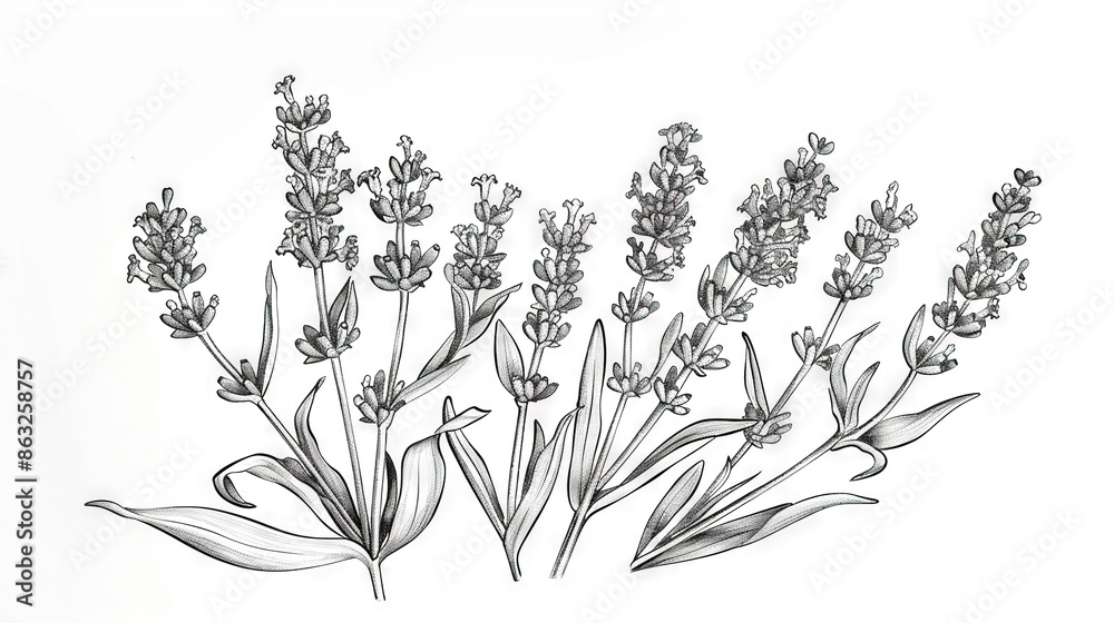 Drawing of lavender clusters on a white background with a B&W line art overlay Drawing of lavender clusters on a white background with a B&W line art overlay