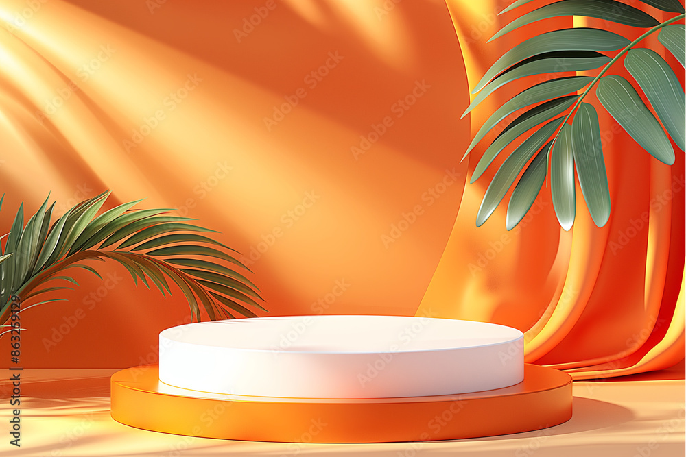 Vibrant orange and white display podium with tropical green leaves, showcasing a dynamic and bold presentation setup. ideal for eye-catching product displays and modern aesthetics. Vibrant orange and white display podium with tropical green leaves, showcasing a dynamic and bold presentation setup. ideal for eye-catching product displays and modern aesthetics.