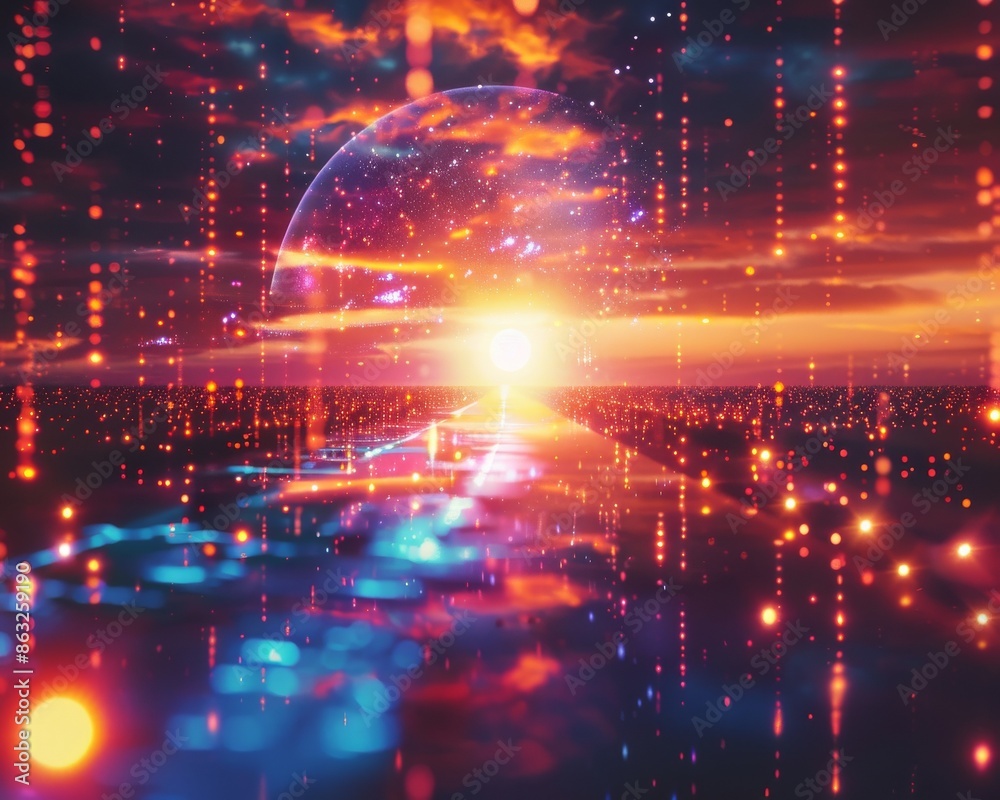 Obraz premium Abstract digital art with a glowing orb surrounded by vibrant lights and particles, creating a sense of energy and dynamism.