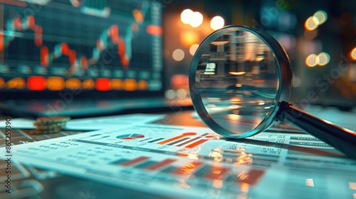 A magnifying glass placed on documents with analytics data, showcasing charts and graphs in a detailed manner. The background features a blurred stock market display.