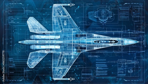 Abstract digital blueprint of a fighter jet on a blue background.