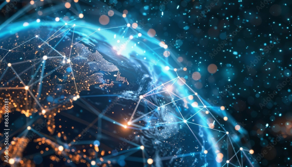 Abstract digital rendering of Earth with glowing network connections, representing global communication and connectivity. Abstract digital rendering of Earth with glowing network connections, representing global communication and connectivity.
