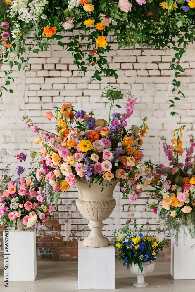 Naklejka premium Stunning bouquets and flower arrangements in front of a white bricks wall