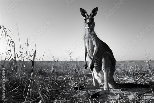 Photo of a kangaroo shot direction from the left side pose standing upright time of day early morning National Geographic film type Ilford HP5 Plus using a wideangle lens to capture environment photo