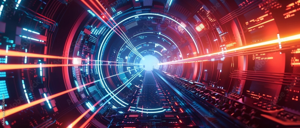 Obraz premium Abstract futuristic tunnel with glowing lights.