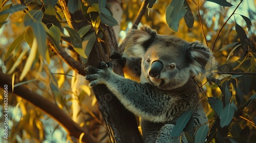 Photo of a koala shot direction from the left side pose climbing time of day dawn 