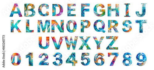 Vibrant and Colorful Abstract Swirl Alphabet and Number Set - Artistic Font Design with Multicolored Patterns for Creative Projects cut out png on transparent background