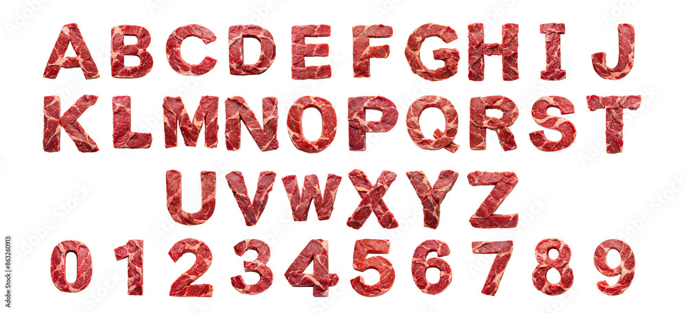 Alphabet and numbers made of raw meat - creative food typography concept cut out png on transparent background Alphabet and numbers made of raw meat - creative food typography concept cut out png on transparent background