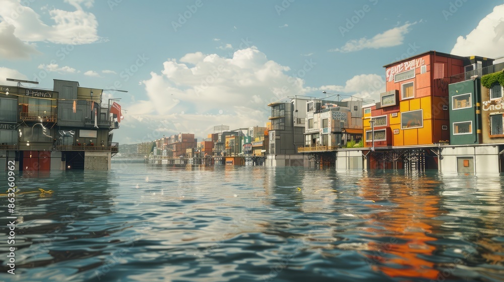 Obraz premium A coastal city with raised buildings and flood barriers protecting the vibrant urban landscape.