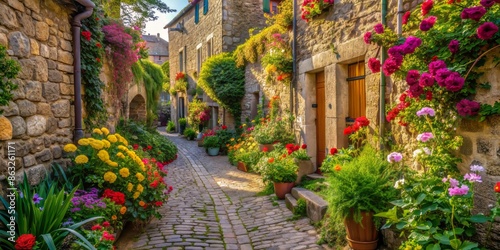 Vibrant blooming flowers and lush greenery adorn ancient stone walls and worn cobblestone pavement in a serene, deserted medieval alleyway during spring's awakening.