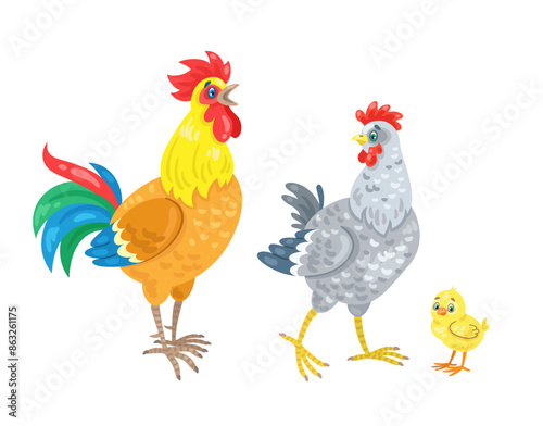 Chicken family. Cockerel, hen and a funny yellow chicken. Isolated on white background. Vector flat illustration.