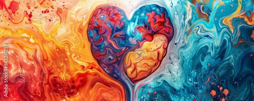 Abstract heart shape with vibrant red, orange, and blue colors.