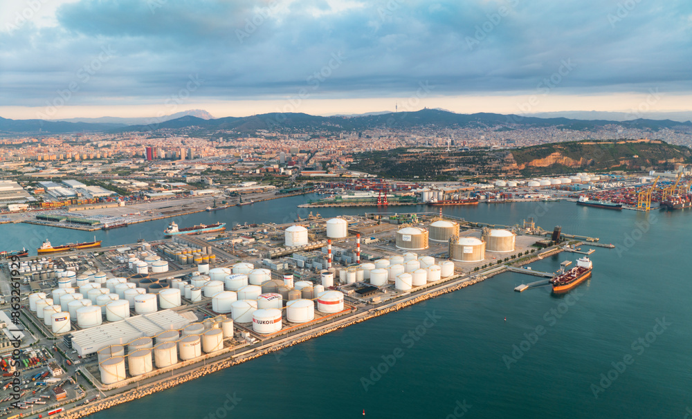 Naklejka premium Top View on Port of Barcelona, cargo and shipping terminal