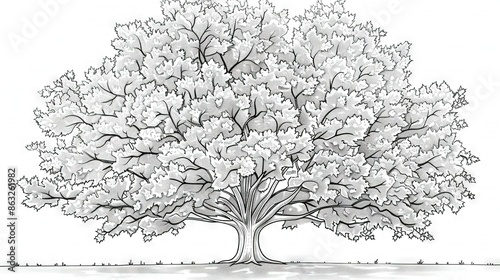   A B&W drawing portrays a grand tree laden with myriad leaves atop its crown photo