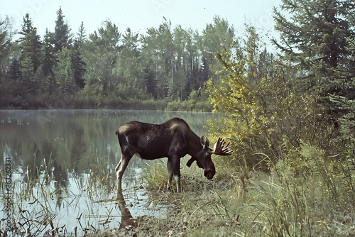 Photo of a moose shot direction from the right side pose grazing time of day midday  photo