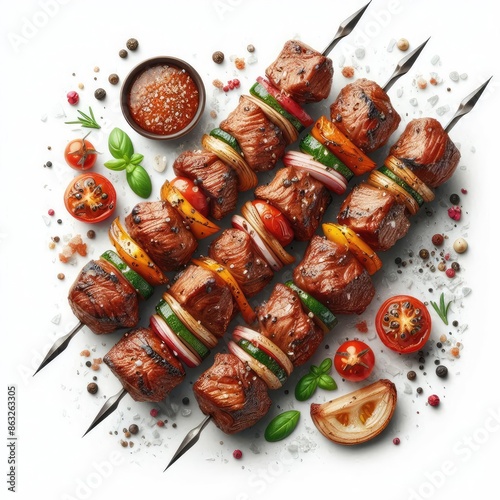 Tasty grilled Fried meat and shish kebab skewers with vegetables isolated on a white background