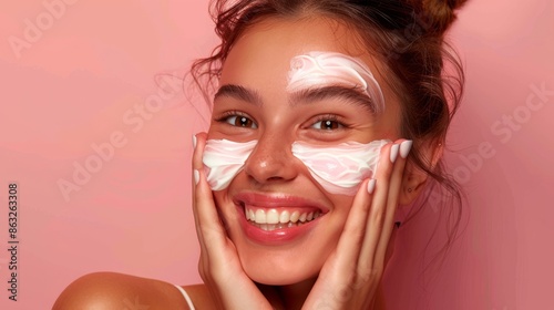 Woman with a radiant glow after applying skincare products, showcasing the benefits of self-care and beauty regimens. photo