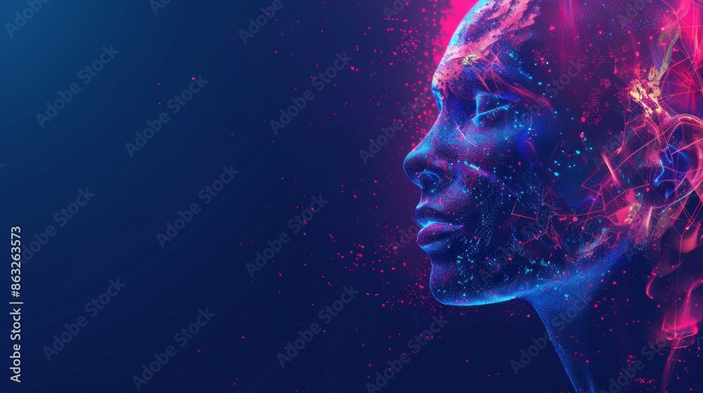 Abstract portrait of a woman's face, rendered in vibrant pink and blue hues, with a dynamic and ethereal feel. Abstract portrait of a woman's face, rendered in vibrant pink and blue hues, with a dynamic and ethereal feel.
