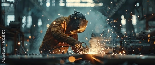 Welder Working on Metal in Industrial Setting