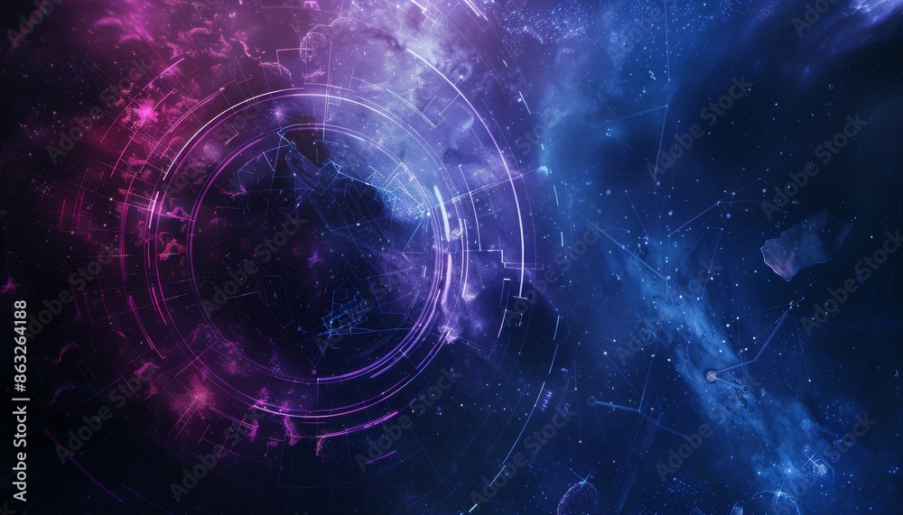 Obraz premium Abstract swirling clouds of blue and purple with a glowing circle in the center. The background is dark and mysterious.