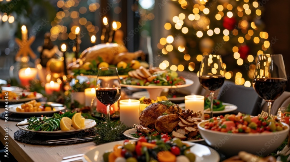 A festive Christmas meal is served on a decorated table with various dishes, candles, and wine glasses. A beautifully lit Christmas tree is visible in the background. A festive Christmas meal is served on a decorated table with various dishes, candles, and wine glasses. A beautifully lit Christmas tree is visible in the background.