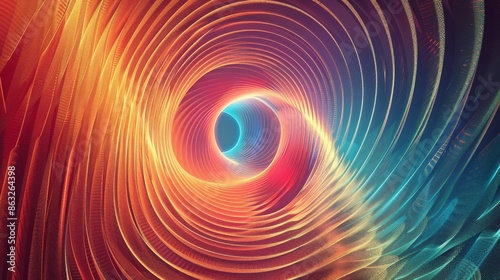 Abstract swirling neon lines create a vibrant tunnel of light, with red, orange, and blue hues.