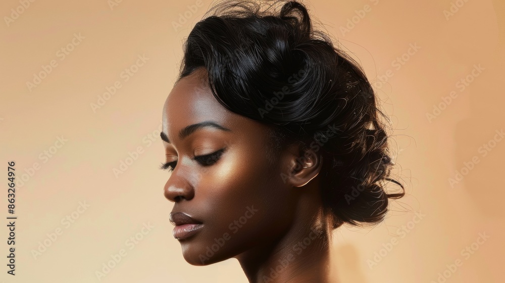 Woman With Black Hair and Makeup in Studio Portrait. Generative AI Woman With Black Hair and Makeup in Studio Portrait. Generative AI