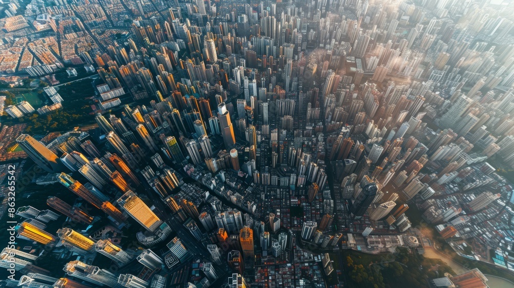 Aerial view of a dense urban cityscape with skyscrapers and buildings ...